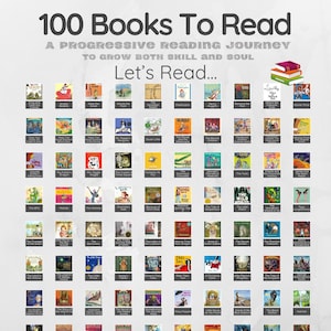 May include: A graphic featuring the text "100 Books To Read" with the subtitle "A Progressive Reading Journey." The image showcases a grid of book covers, each representing a different title, with the words "Let's Read..." above the grid.