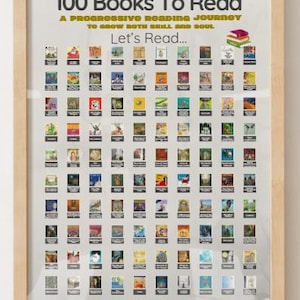 May include: Framed poster titled "100 Books To Read" with a wooden frame. The poster features a grid of 100 small book covers, with the text "A Progressive Reading Journey To Grow Both Skill And Soul" and "Let's Read..." in the center. The bottom reads "Scratch-Off Poster".