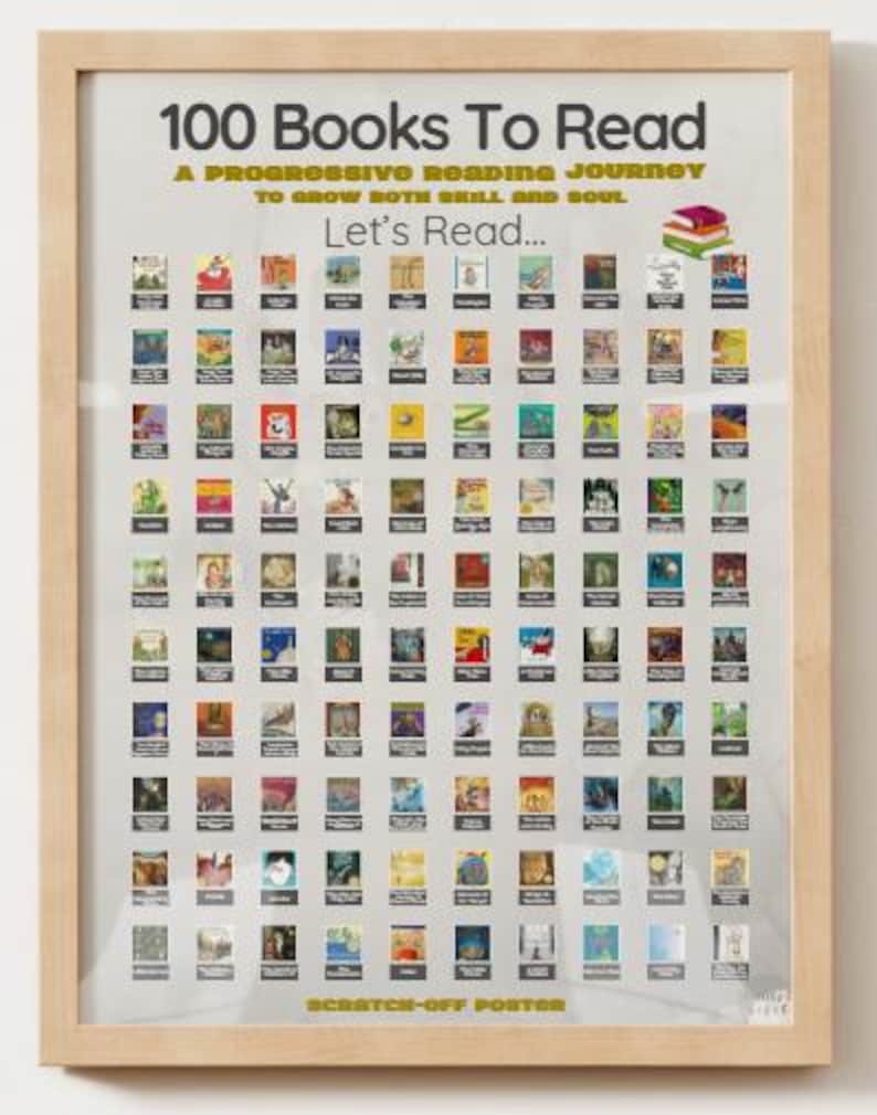 May include: Framed poster titled "100 Books To Read" with a wooden frame. The poster features a grid of 100 small book covers, with the text "A Progressive Reading Journey To Grow Both Skill And Soul" and "Let's Read..." in the center. The bottom reads "Scratch-Off Poster".