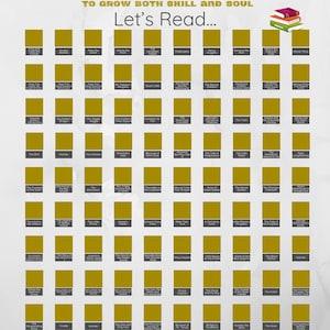May include: A scratch-off poster titled "100 Books To Read." The poster features a grid of gold squares, each representing a book to be read. The text "A Progressive Reading Journey" and "Let's Read..." are also displayed.