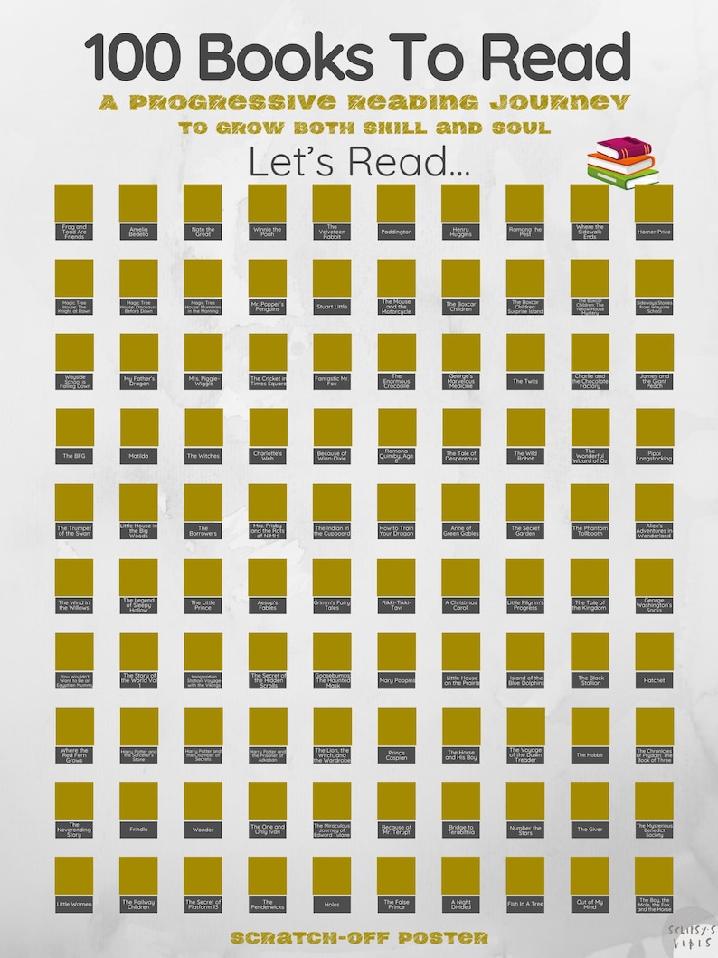 May include: A scratch-off poster titled "100 Books To Read." The poster features a grid of gold squares, each representing a book to be read. The text "A Progressive Reading Journey" and "Let's Read..." are also displayed.