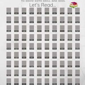 May include: A scratch-off poster titled "100 Books To Read" with a progressive reading journey theme. The poster features a grid of book titles, with the text "Let's Read..." at the center. A stack of colorful books is in the upper right corner.