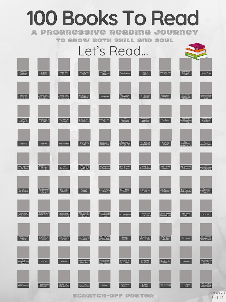 May include: A scratch-off poster titled "100 Books To Read" with a progressive reading journey theme. The poster features a grid of book titles, with the text "Let's Read..." at the center. A stack of colorful books is in the upper right corner.