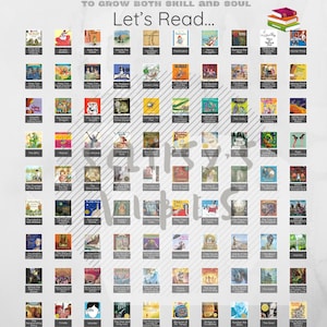 May include: A poster titled "100 Books To Read" with a scratch-off surface. The poster features a grid of book covers, with the text "Let's Read..." at the center. The poster is designed to track reading progress.