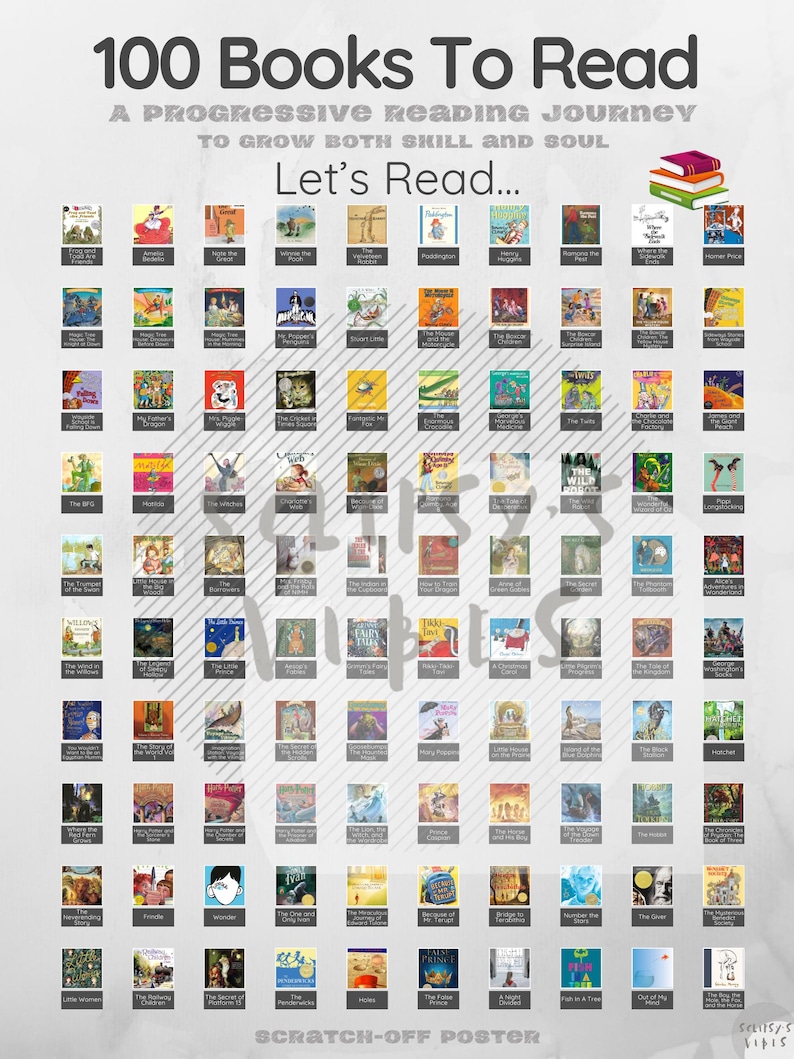 May include: A poster titled "100 Books To Read" with a scratch-off surface. The poster features a grid of book covers, with the text "Let's Read..." at the center. The poster is designed to track reading progress.