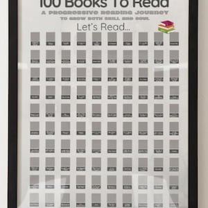 May include: Framed print titled "100 Books To Read" with a black frame. The print features a grid of 100 gray rectangles, each representing a book to be read. The text "Let's Read..." is centered, with additional text above and below.