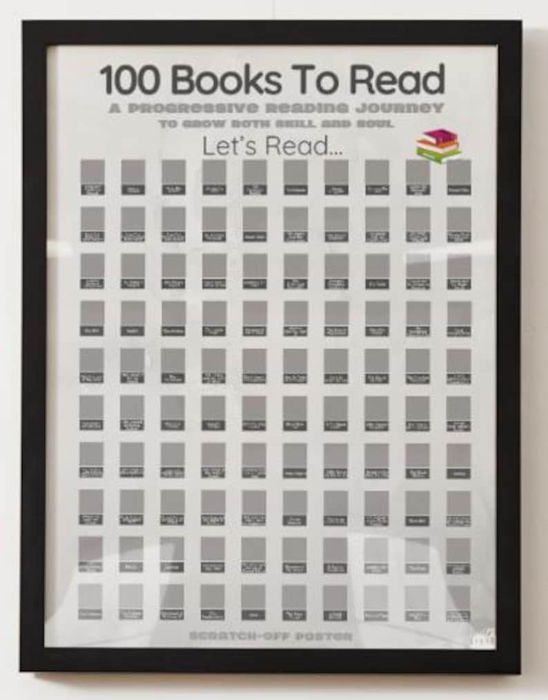 May include: Framed print titled "100 Books To Read" with a black frame. The print features a grid of 100 gray rectangles, each representing a book to be read. The text "Let's Read..." is centered, with additional text above and below.