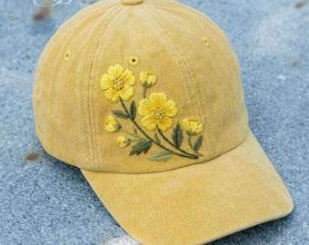 Gorra de béisbol bordada con margaritas amarillas, sombrero floral bordado a mano, regalo para ella.