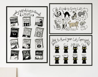 Set of 3 Signed Catlover Art Prints Cat person Stray Funny Animal Poster Selfhelp Pets Dog Nursery Housewarming Birthday Greeting Card