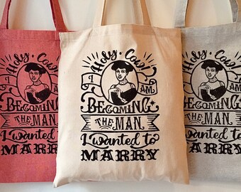 Holy Cow! I Am Becoming the Man I Wanted to Marry! Natural red beige light grey color tote bag letters vintage graphic print feminist quote