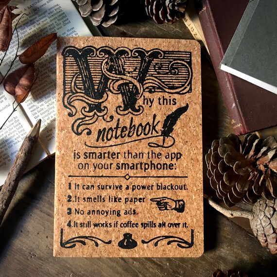 Block-printed by hand on a cork-covered eco notebook — the vintage handcrafted process and 34 favorites signal this is genuinely made, not templated.