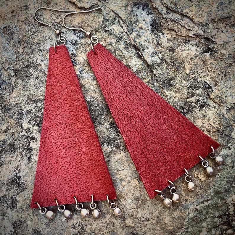 Large Handmade Leather Earrings Triangle Earrings Bohemian Earrings Boho Jewelry Summer Earrings red large earrings yellow large earrings image 5