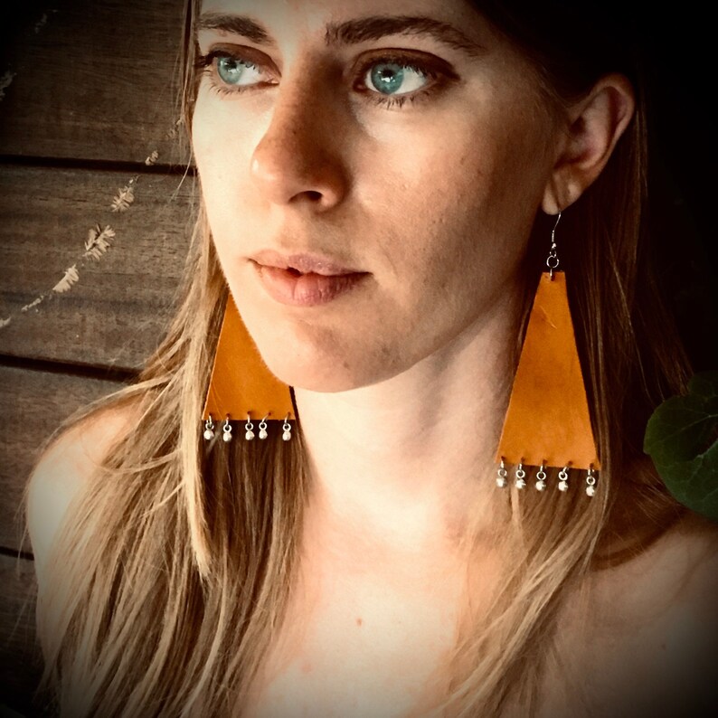 Large Handmade Leather Earrings Triangle Earrings Bohemian Earrings Boho Jewelry Summer Earrings red large earrings yellow large earrings image 3