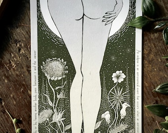 Eclipse Signed Fine Art Print Nature Vintage Botanical Dark Romantic Pagan Witchy Retro Celestial Full Moon Line art Forest Feminine Gift