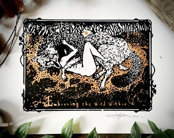 Embracing the Wild Within signed art print black and gold wall art nature home decor wolf art girl and wolf art woman and wolf art