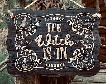 The Witch Is In Wooden Door Sign witchy wall art earthy decor funny housewarming gift