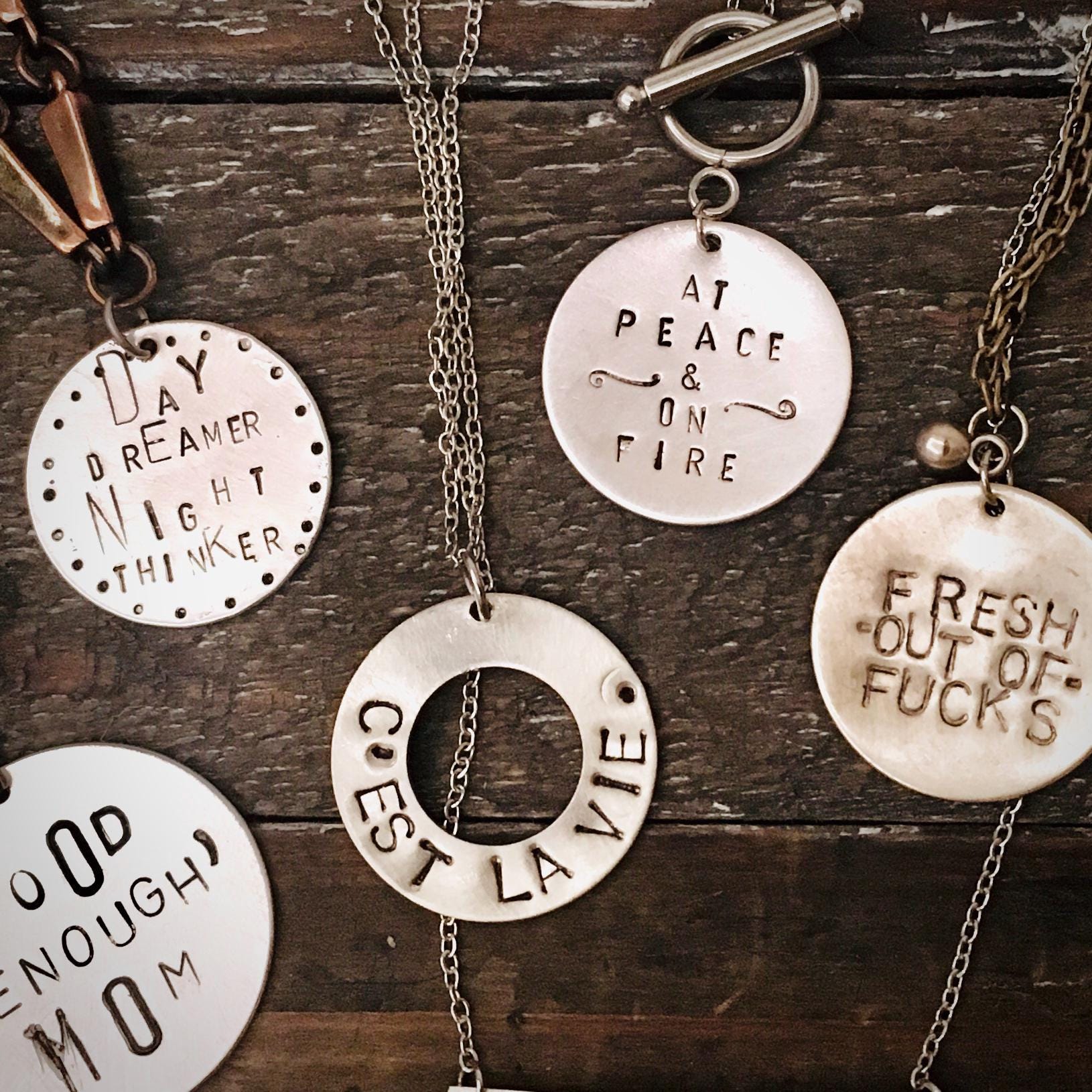 Custom Typography Jewelry Silver Necklace Phrase Charm Metal 