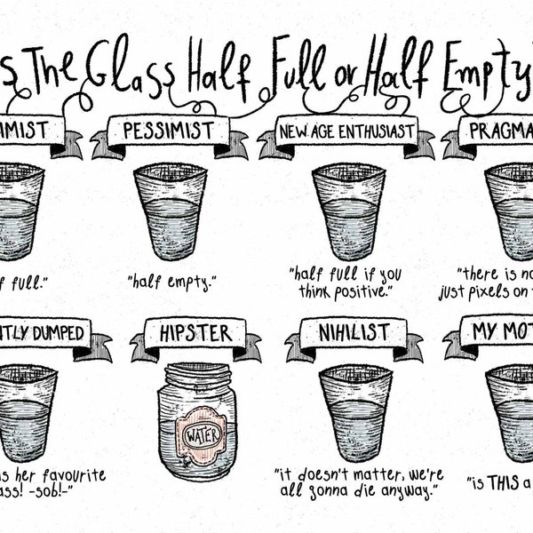 Is the Glass Half Empty? humorous signed art print half full half empty postcard dorm decor christmas gift kitchen decor kitchen wall art