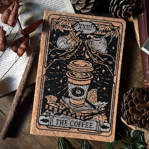 EL CAFÉ Cuaderno A5 ecológico impreso a mano con tapa de corcho, cuaderno vintage hecho a mano para amantes del café, cuaderno de tarot, regalo ecológico