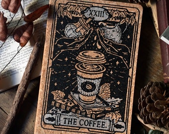 THE COFFEE handbedrucktes umweltfreundliches A5 Notizbuch mit Korkdeckel Vintage Notizbuch handgemachtes Kaffeeliebhaber Notizbuch Tarot Notizbuch Öko Geschenk