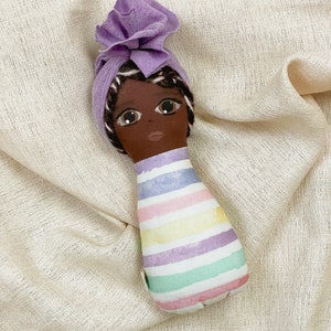 Pastel Swaddle Baby Rattle Doll, Brown Doll, Black Baby, Soft Toy, Cloth Doll, Baby Shower Basket Stuffer, Baby’s First Doll, Nursery Decor