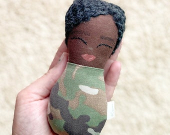 Baby Girl Rattle, BIPOC Deployment Doll, Heirloom Doll, Army Baby, Military Mom, Military Uniform Daddy Doll, AirForce Baby, Look Alike Doll