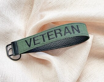 Veteran Keychain, Faux Leather Olive Drab Keyfob, Korean Vietnam & WWII Veteran Keychain, Army Vet Gift, Military Retirement, Patriotic Gift