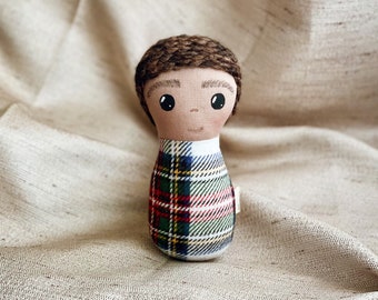 Boy Fabric Rattle Doll, Swaddle Baby Doll, Handmade Boy Doll, Flannel Baby, Plaid Nursery Decor, Heirloom Boy Doll, Plaid Plush Doll