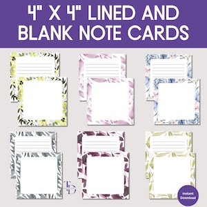 Puede incluir: Tarjetas de notas de 10 cm x 10 cm, con espacios rayados y en blanco. Las tarjetas presentan diseños florales en varios colores, incluyendo verde, morado y azul. El texto "4" X 4" LINED AND BLANK NOTE CARDS" está en la parte superior.