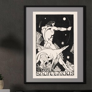 May include: A framed black and white art print featuring a Sagittarius zodiac illustration. The artwork depicts a figure with a bow and arrow, with the word "SAGITTARIUS" below. The print hangs above a black leather armchair.