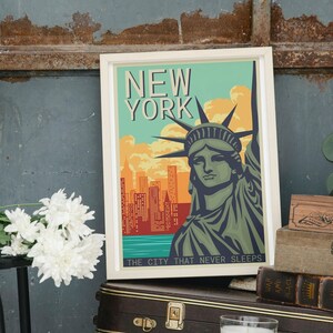 Póster de viaje vintage de la ciudad de Nueva York, arte de pared enmarcable, estilo retro