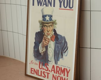I Want YOU For The US Army Enlist Now. World War II Vintage Poster.