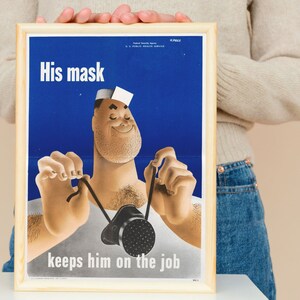 1942 Vintage Reprint Public Health Service Poster &quot;His Mask Keeps Him on the Job&quot;