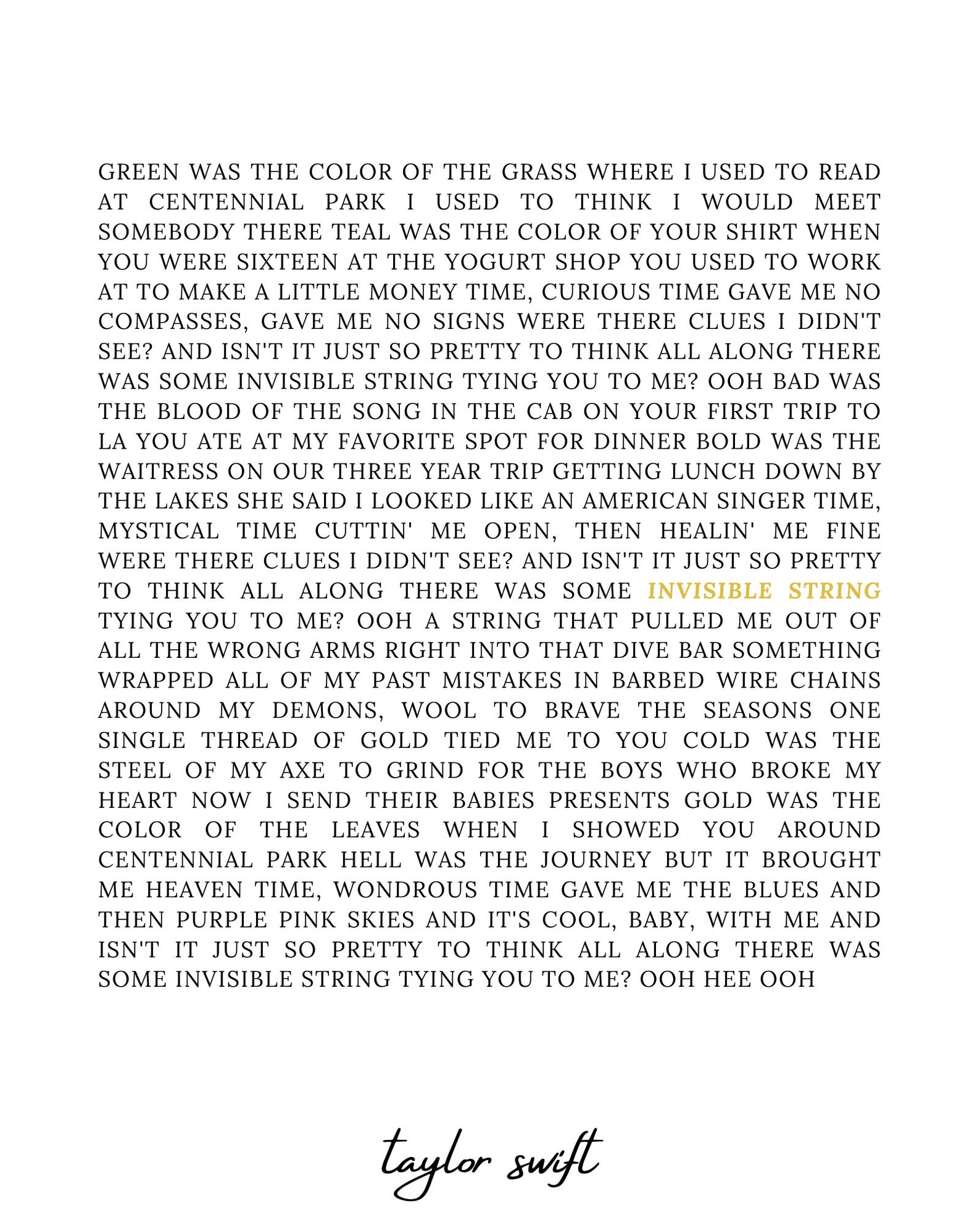 Invisible String by Taylor Swift Lyrics Digital Download - Etsy