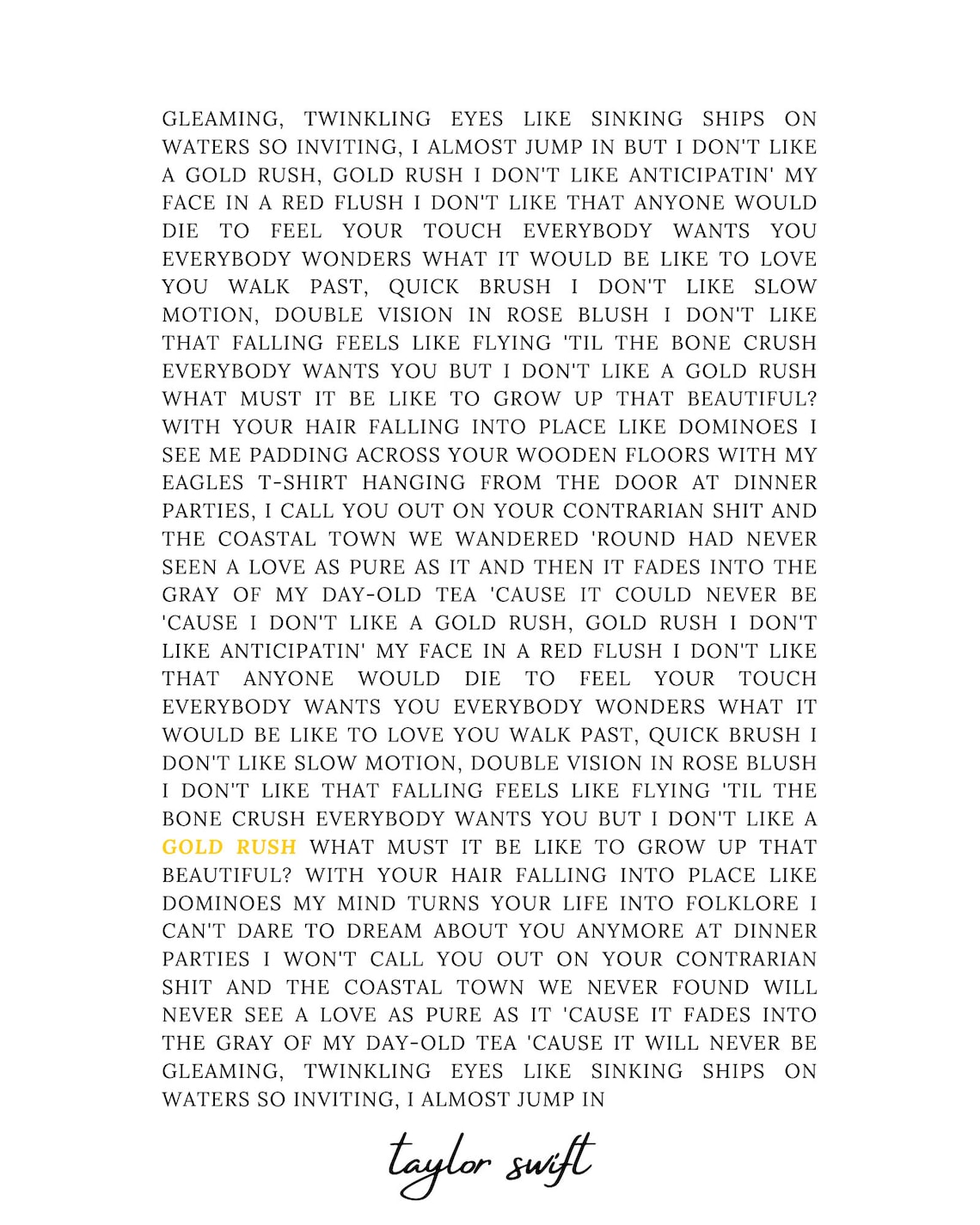 Gold rush by Taylor Swift Lyrics Digital Download Poster Etsy