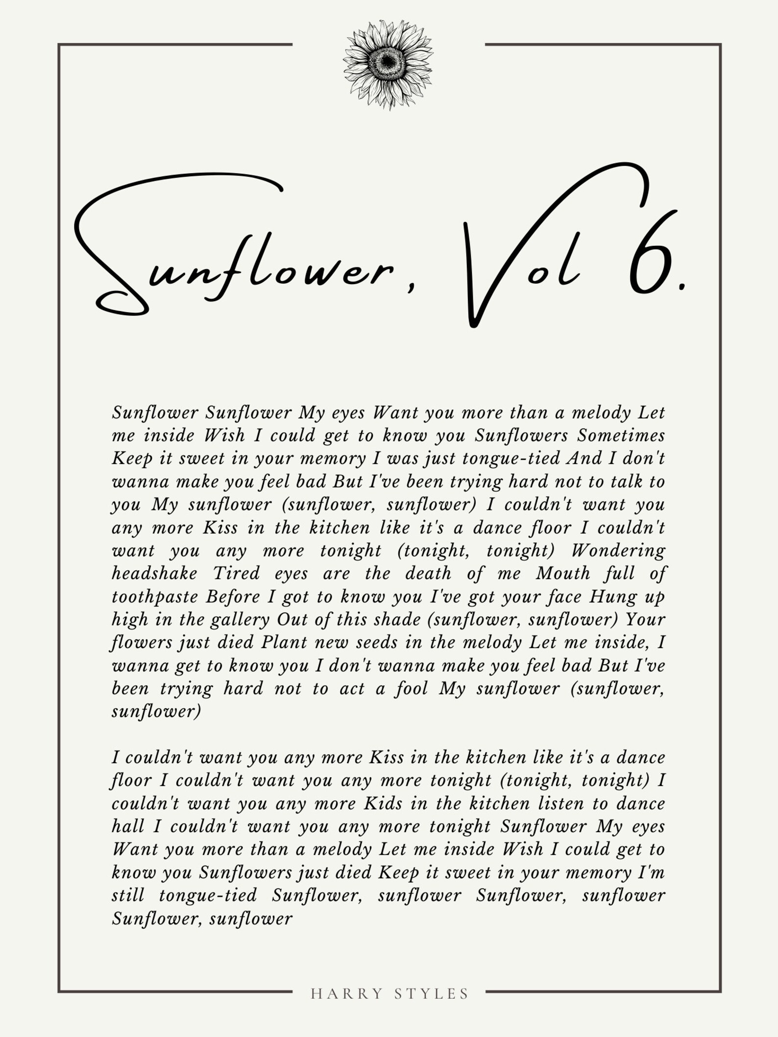 Sunflower Vol. 6 by Harry Styles Lyrics Digital Download Etsy