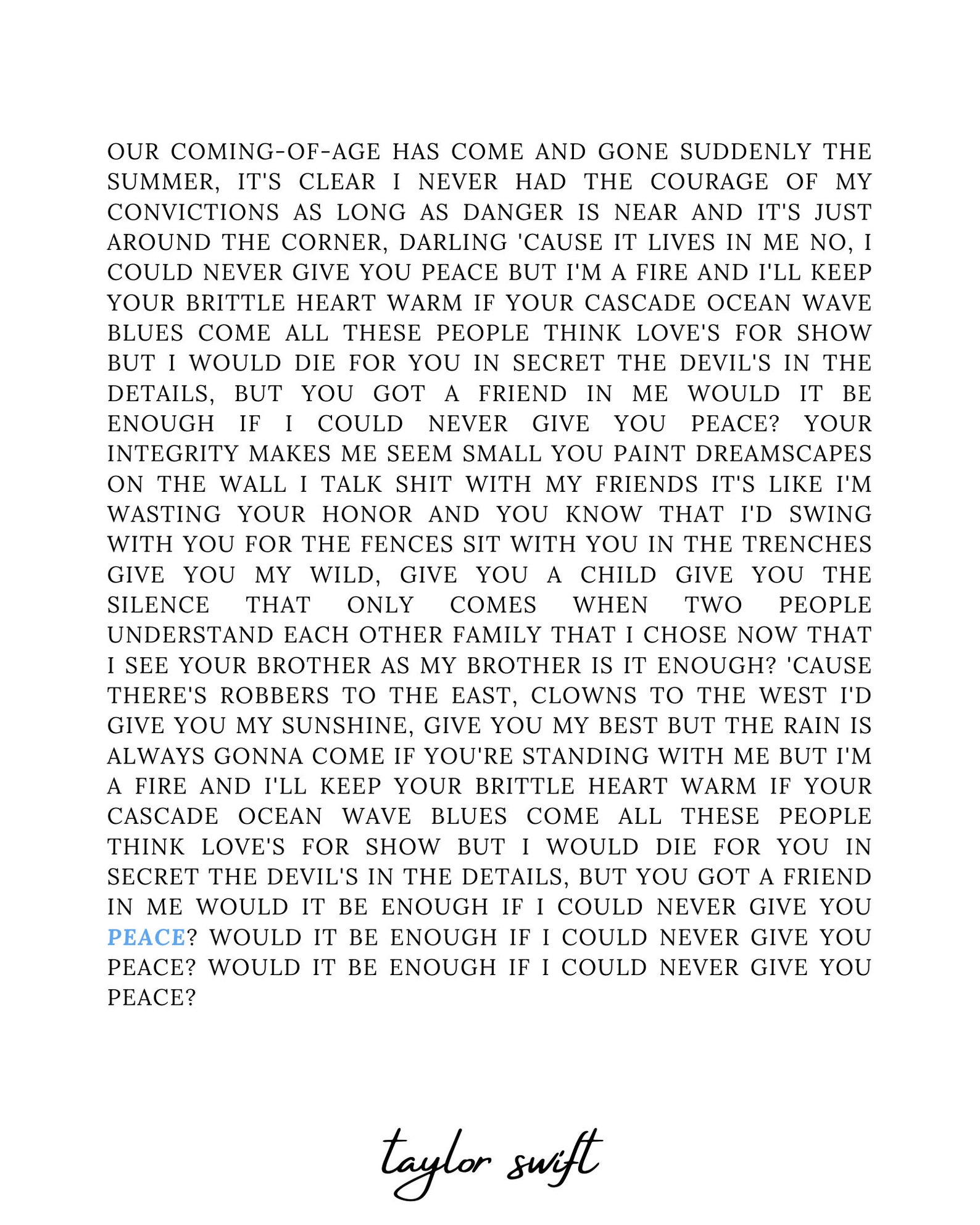 Peace by Taylor Swift Lyrics Digital Download Poster Etsy