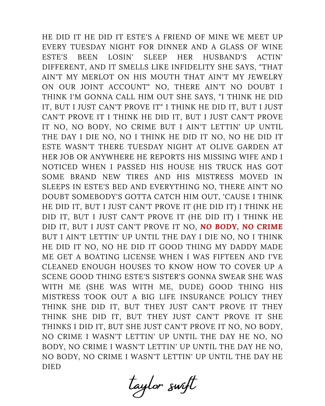 No Body, No Crime by Taylor Swift Ft. HAIM Lyrics Digital Download