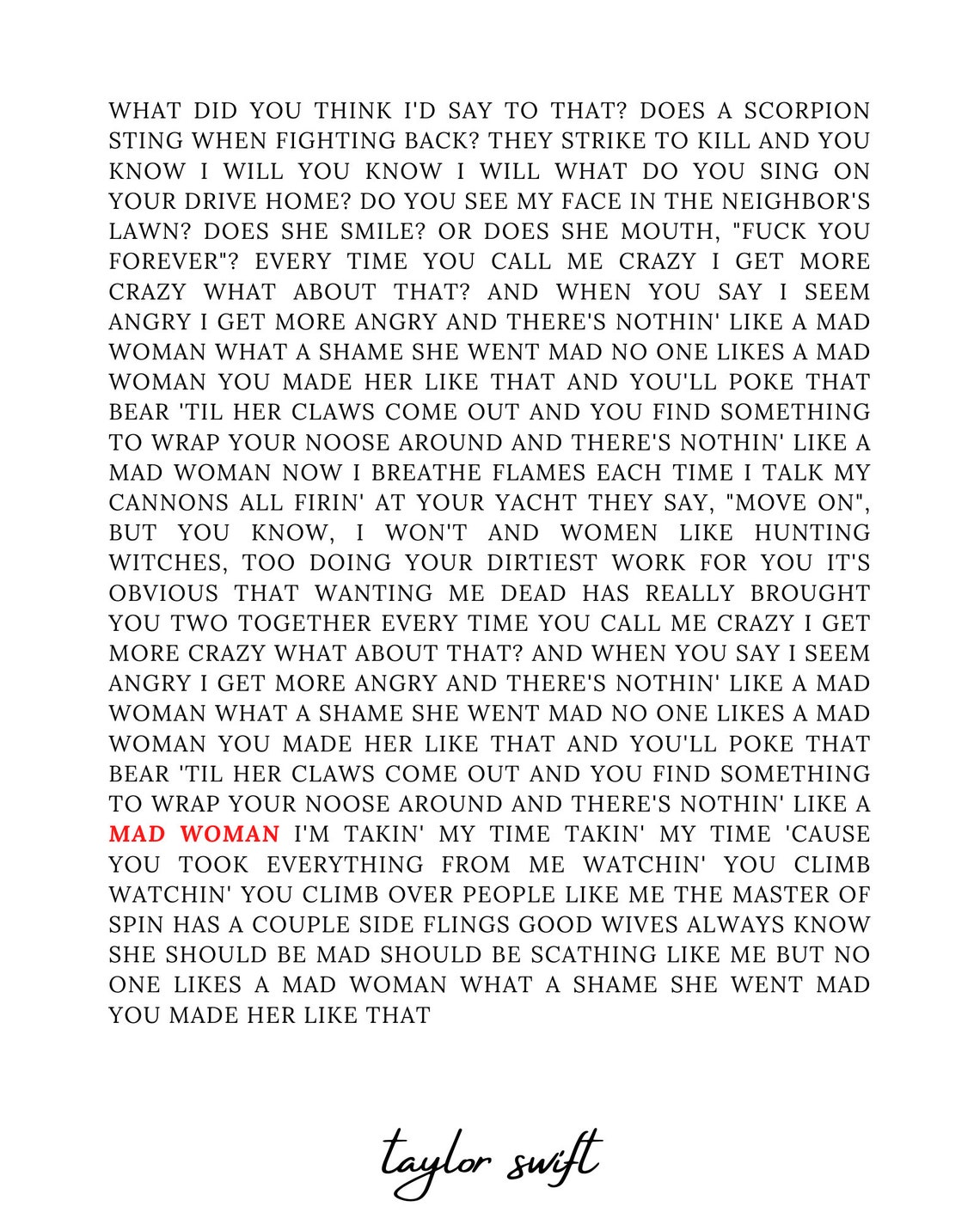 Mad Woman by Taylor Swift Lyrics Digital Download Poster Etsy Mad Woman by Taylor Swift Lyrics Digital Download Poster Etsy