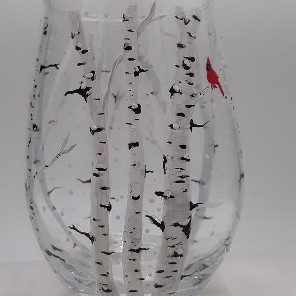 Personalized Glassware Hand Painted in the USA, 360 Degrees White Birch Tree Design with Carved Heart, Cardinal, Love, Anniversary, Wedding