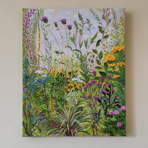 Wildflowers Meadow Original Handmade Oil Painting on Canvas, Green Field Botanical Herbs Landscape Painting, One of a Kind, Gift