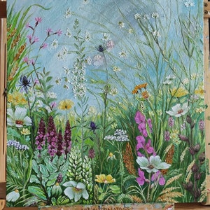 Wildflowers Meadow Landscape Original Handmade Oil Painting on Canvas Board, 12&quot;x16&quot; Countryside Meadow Painting, One of a Kind, Gift