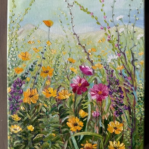 Wildflowers Meadow Original Handmade Oil Painting on Canvas, Summer Green Valley Countryside Landscape Painting One of a Kind, Gift