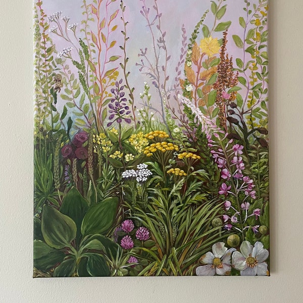 Wildflowers Meadow Original Handmade Oil Painting on Canvas, Green Valley Countryside Landscape Botanical Painting, One of a Kind, Gift