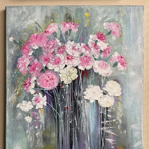 Carnations Original Handmade Oil Painting on Canvas, Large Abstract Contemporary Floral Wall Art, One of a Kind, Gift