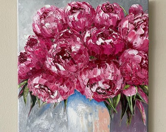 Peony Original Handmade  Oil Art Painting on Canvas, Abstract Palette Knife Peonies Painting, Gallery Floral Wall Art, One of a Kind, Gift