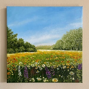Wildflowers Meadow Original Handmade Oil Painting on Canvas , 10&quot;x10&quot; Landscape Impressionist Painting, One of a Kind, Gift