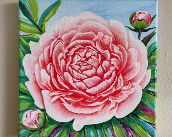 Pink Peony Original Oil Painting on Canvas, Pink Flower Bush Painting, Gallery Wall Art, One of a Kind, Gift