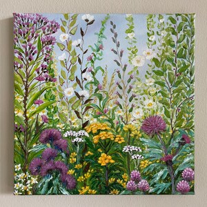 Original Handmade Oil Painting on Canvas Wildflowers Meadow, 10x10 Landscape Impressionist Painting, One of a Kind, Gallery Wall Art, Gift afbeelding 2