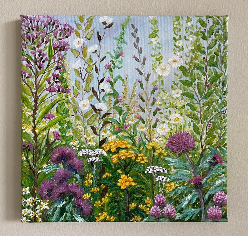 Original Handmade Oil Painting on Canvas Wildflowers Meadow, 10x10 Landscape Impressionist Painting, One of a Kind, Gallery Wall Art, Gift afbeelding 2